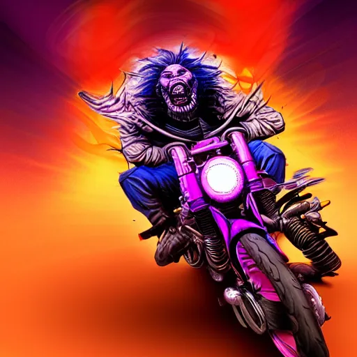 Image similar to psychedelic blacklight airbrush artwork, hyper stylized action shot of an orc biker riding a motorcycle, clear focused details, radical, cgsociety, artstation, soft airbrushed edges and gradients on a black background