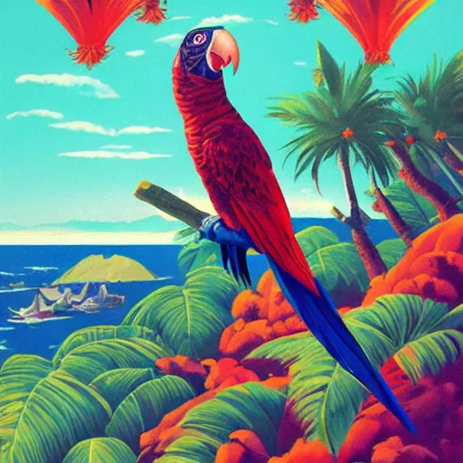 Prompt: vintage travel poster for tropical location, giant parrot, artstation,