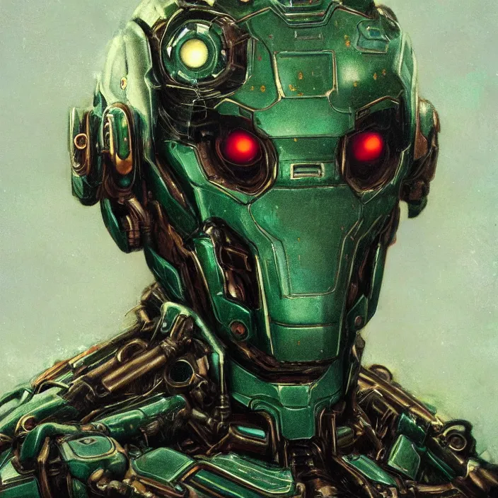 Prompt: portrait of a emerald Ultron from Age of Ultron, clockwork steampunk, head and chest only, by Beksinski, 4k, deviantart, trending on artstation