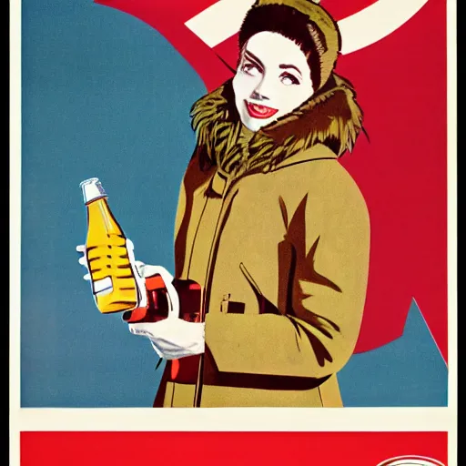 Image similar to a beautifully detailed image of a woman in a parka drinking a bottle of coke, constructivist, russian, soviet advertisement, 1 9 6 0's