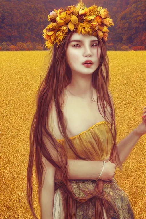 Image similar to The goddess of autumn harvest, tranquility, beautiful face, long hair, wearing wheat yellow gauze skirt, by wlop