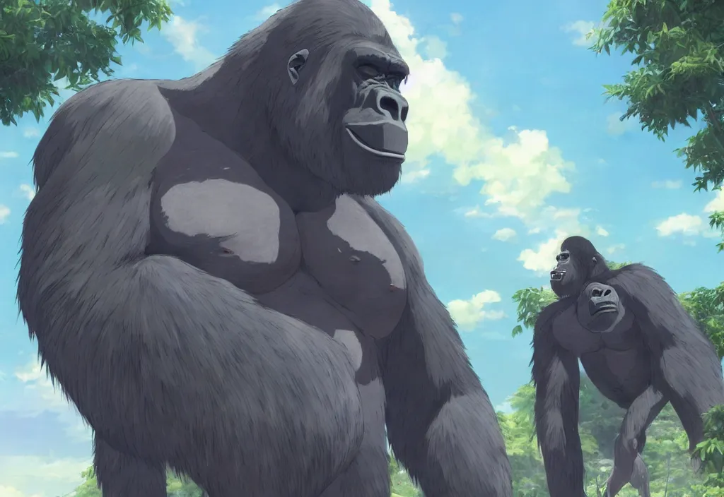 Prompt: a gigantic silverback gorilla beating its chest, by Makoto Shinkai, beautiful