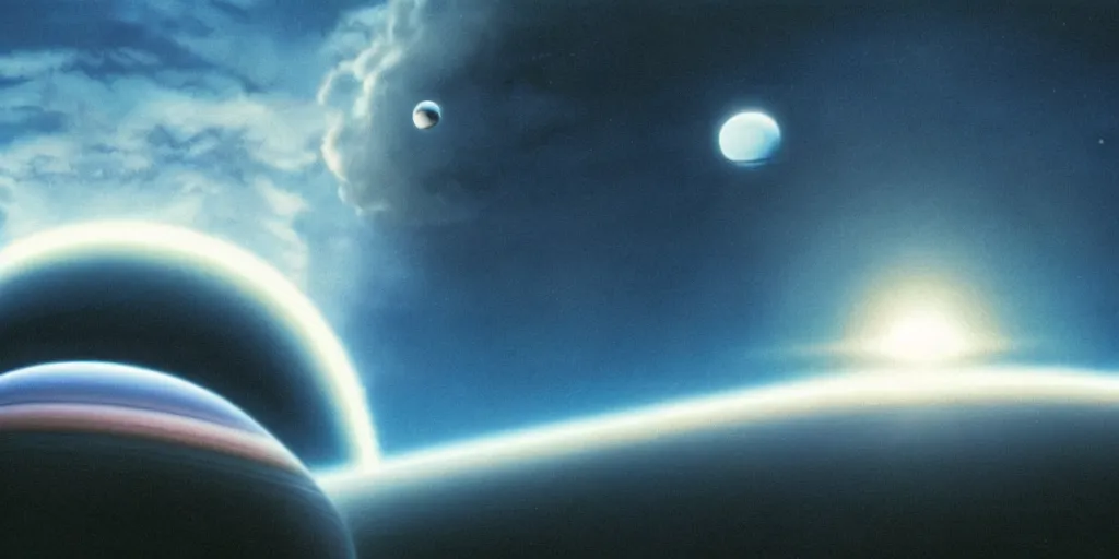 Image similar to blue dreamy cloudscape with a single planet in the clouds, ringed planet, daylight, cinematic lighting, cinematic perspective, syd mead, john harris, federico pelat,