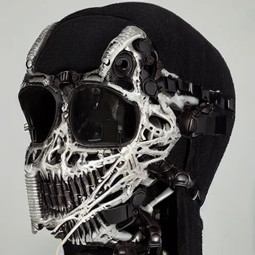 Prompt: biomechanical synthweave prosthetic head, necrotech, necropunk