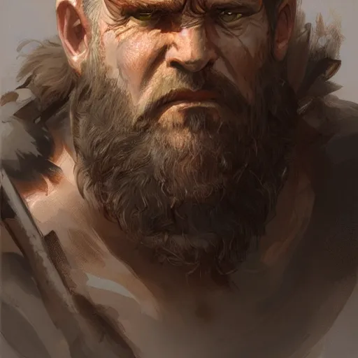 Image similar to portrait of a rugged male barbarian, D&D, fantasy, intricate, elegant, highly detailed, digital painting, artstation, concept art, smooth, sharp focus, illustration, art by artgerm and greg rutkowski and alphonse mucha