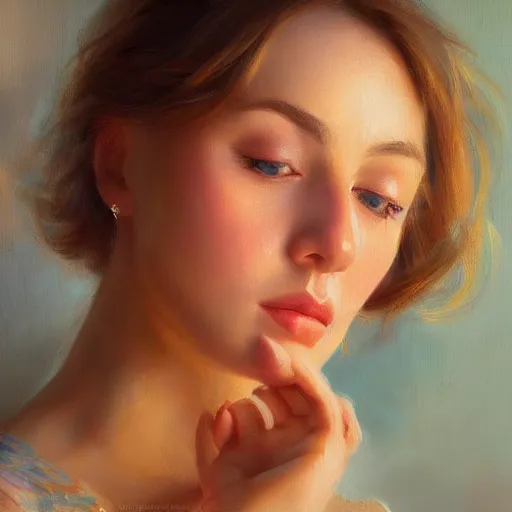 Image similar to super close - up of a beautiful woman's face, morning, highly detailed, ultrarealistic oil painting, vladimir volegov, artstation