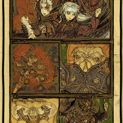 Image similar to ornamented, doom medieval parchment, warm by masamune shirow. a variety of shapes & textures. the computer art is full of movement & energy, & the viewer can find new details with each look.