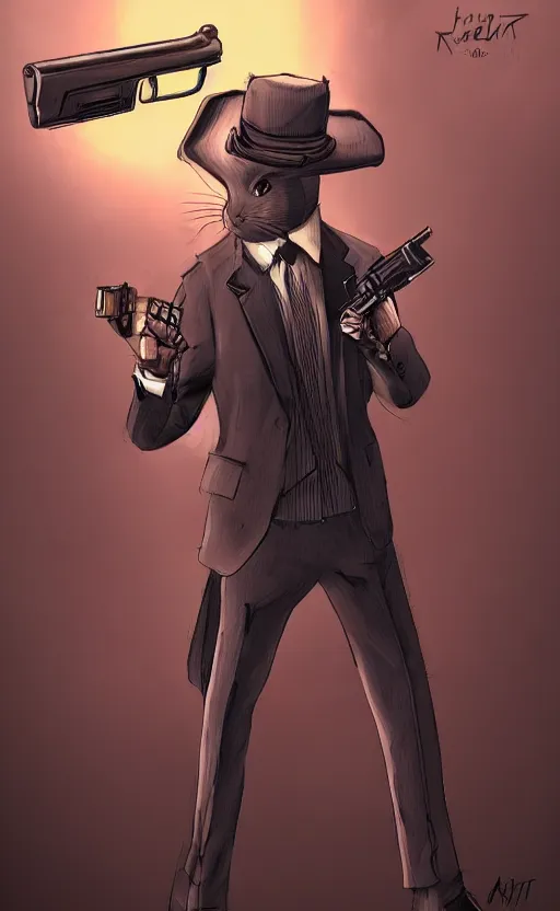 Image similar to rabbit as a hitman, suit and tie, with silenced gun, dynamic lighting, fantasy concept art, trending on art station, stunning visuals, creative, cinematic, ultra detailed, comic strip style