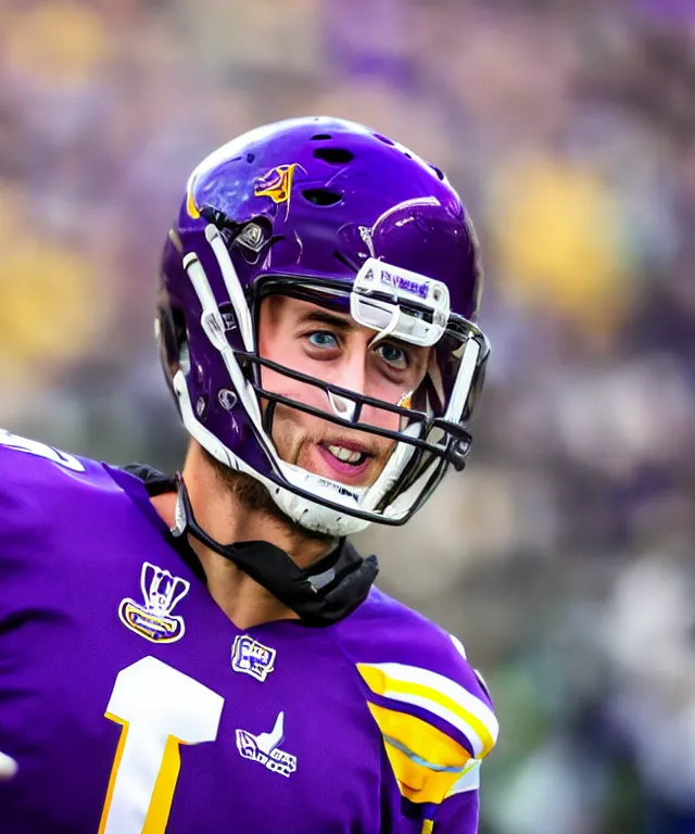 Image similar to extreme close up photo of adam thielen taken with an ultra wide angle lens