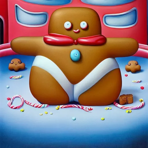 Prompt: portrait of a depressed gingerbread man living in candyland painted by fernando botero and mark ryden and hikari shimoda, lowbrow pop surrealism