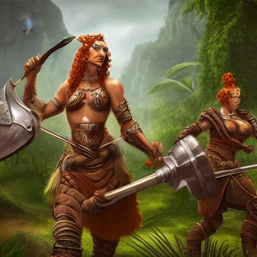 Prompt: armoured ginger dwaven women wielding a hammer and shield, jungle clearing, awesome floating mountain in the shape of a human heart. 4k realism landscape