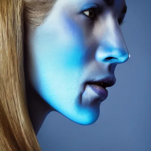 Prompt: Close-up side profile portrait of an attractive woman with an aquiline nose and a strong jawline, and blue bioluminescent translucent blue skin. Weta Digital. Animal Logic. Industrial Light & Magic.