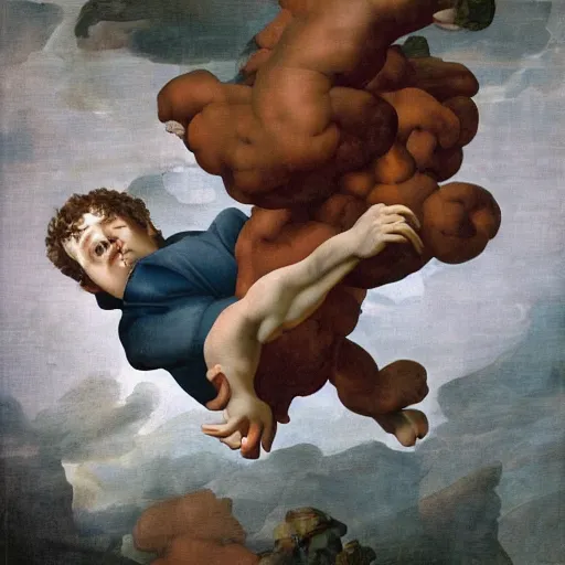 Image similar to mark zuckerberg falling from heaven by Michelangelo