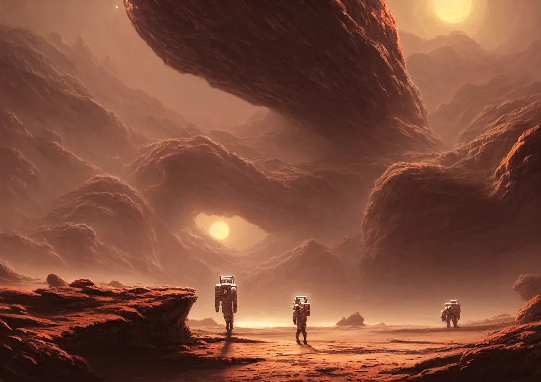 Image similar to no man's sky astronaut exploring a strange surface of another planet at dusk ruins of ancient civilization, ultra high definition, ultra detailed, symmetry, sci - fi, in style of star citizen and greg rutkowski and ross tran