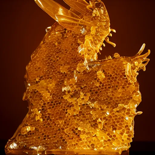 Image similar to a dragon made of honey, in an apothecary. the dragon is transparent. you can see light shining through the wings. honey is dripping everywhere. sigma 85mm f11, rim light, studio lighting, 8k