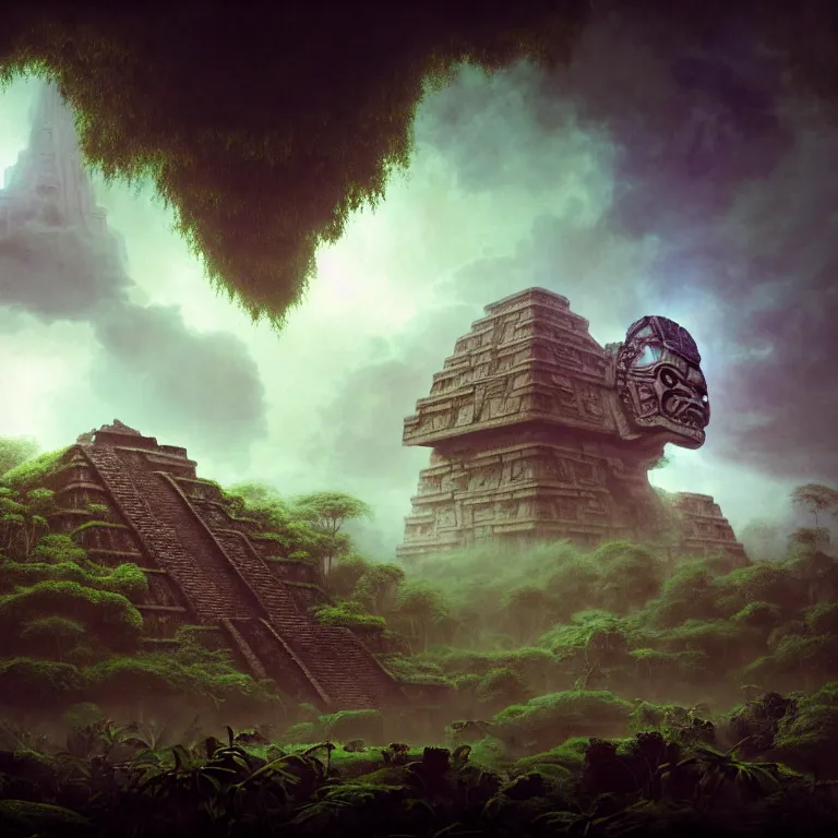 Image similar to surreal painting of crashed mayan aztec spaceship overgrown by jungle, soft grainy bloom lucid dream - like atmosphere, harsh flash photo at night, baroque painting, perfect composition, detailed octane render trending on artstation, 8 k artistic photography, volumetric cinematic perfect light, chiaroscuro, masterpiece, raphael, caravaggio, beksinski, rutkowski, beeple