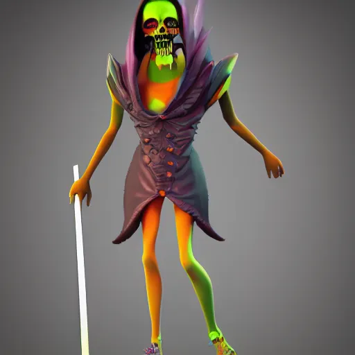 Image similar to candypunk grim reaper character design, high quality digital art, render, octane, redshift, volumetric lighting, oled