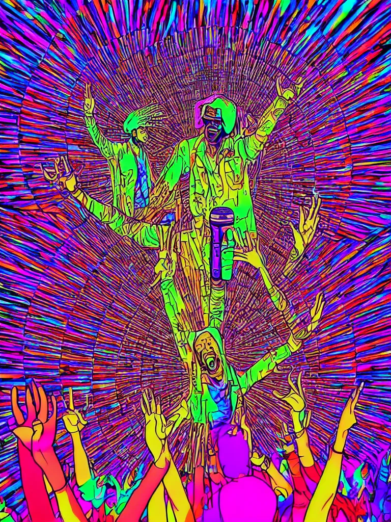 Prompt: rapping on stage at festival, holding microphone, giant crowd, epic pose, happy, psychedelic, hip hop, neon, vaporwave, illustrated by Alex Grey, 4k