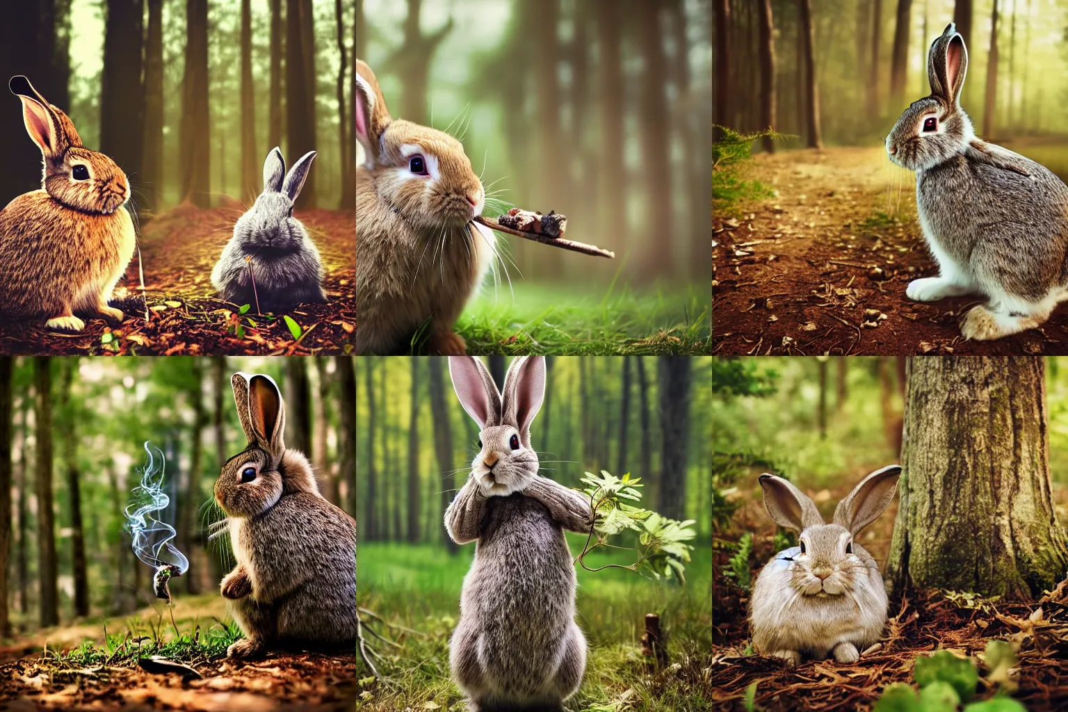 Prompt: wise rabbit smoking in the woods, realistic photography