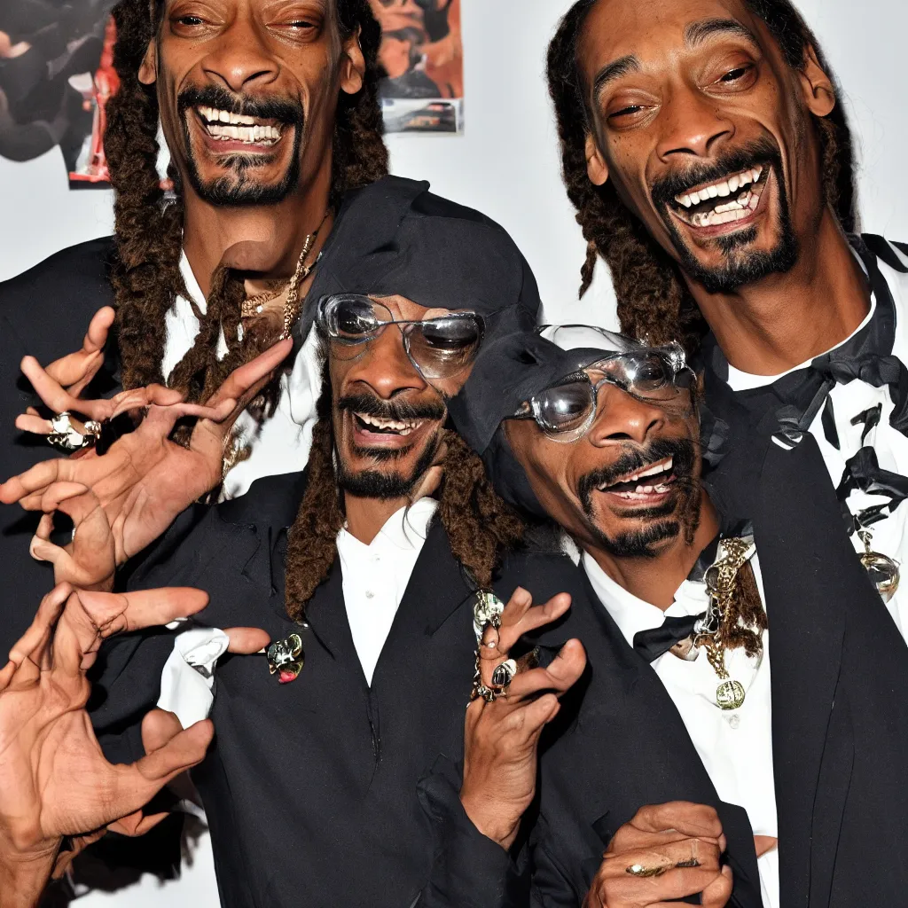 Image similar to a photo of Snoop Dogg laughing hysterically, eyes wide open