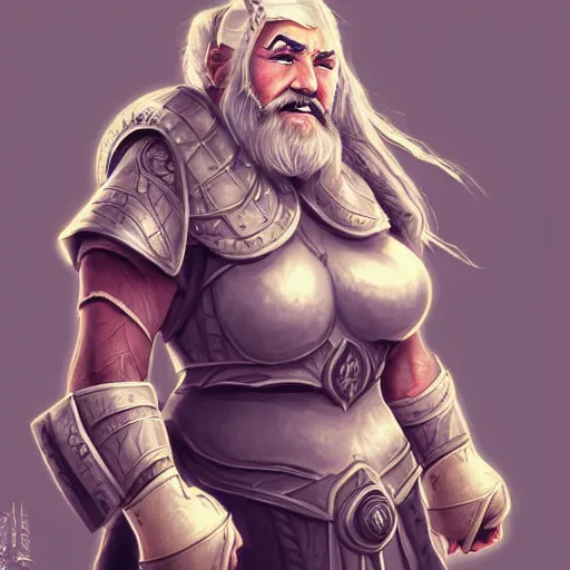 Prompt: elderly female feminine dwarven heavyset fighter with long grey hairstyle and beard in braids and wrinkled skin wearing full platemail armor by rossdraws