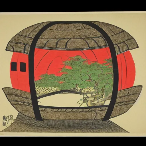 Image similar to house in a giant apple in the style of Koryusai Isoda (礒田湖龍斎, 1735–1790), Japanese print designer and painter