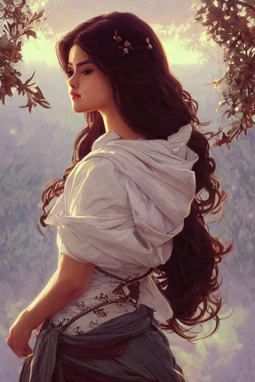 Prompt: beautiful cottagecore selena gomez, intricate, swagger, highly detailed, digital painting, artstation, concept art, smooth, sharp, focus, illustration, art by artgerm and greg rutkowski and alphonse mucha