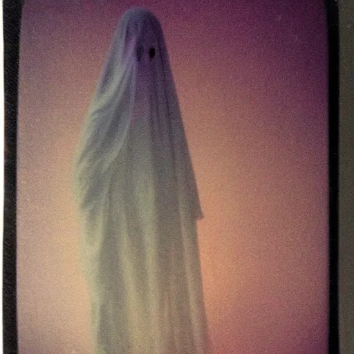 Image similar to coloured atmospheric polaroid photo of a realistic wraith figure in a interior of dining ro! dream coloured atmospheric polaroid photo of a with transparent ghostly banshee corpse body floating in old living room interior - n 9 om low light atmospheric