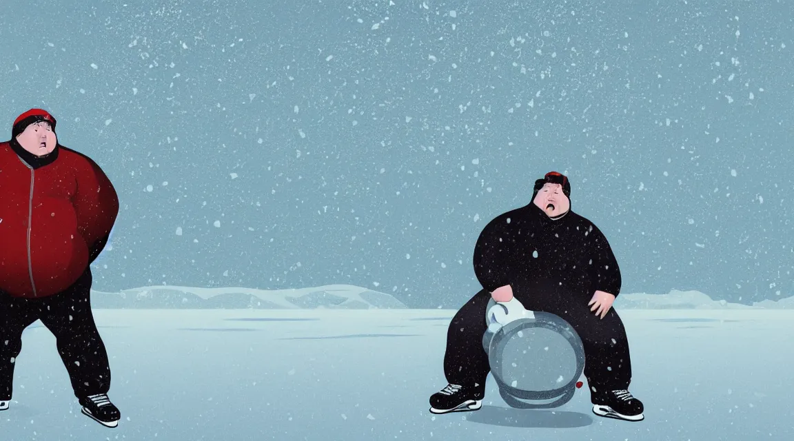 Image similar to a portrait of a fat man on the ice, using weighted vests, snowstorm, flat design, screen print by Kawase Hasui and dan hillier, 8k unreal engine