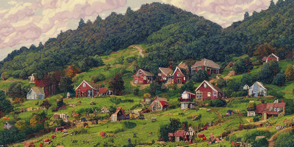 Image similar to A beautiful country village with hill, houses, trees, farm, painted by of Grandma Moses and Dan Mumford, fine detailed, trending on artstation,