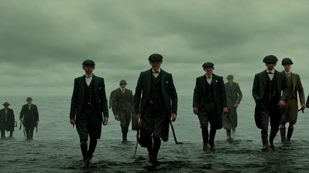 Prompt: the Peaky Blinders crew coming out of the ocean, film still from the movie directed by Denis Villeneuve with art direction by Zdzisław Beksiński, wide lens