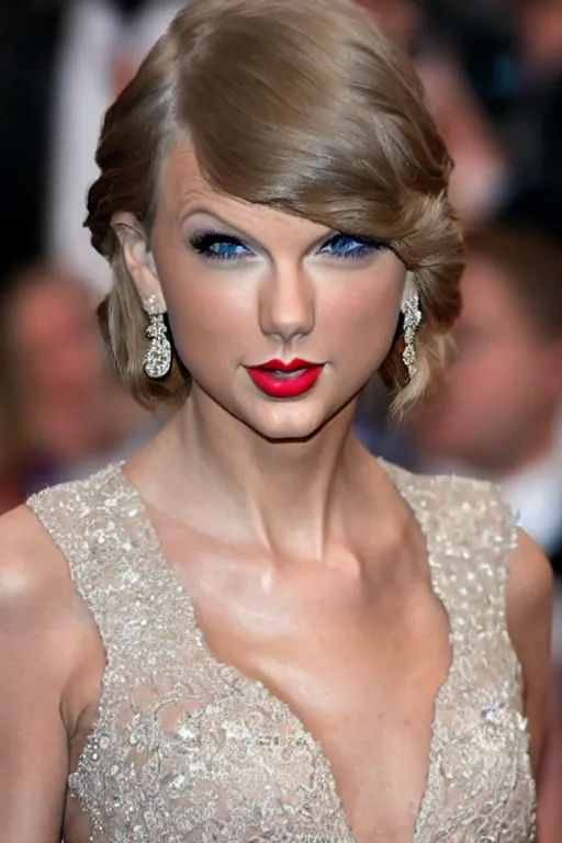 Image similar to waist - up - photo!!!!!!!!!!!! of taylor swift in a beautiful wedding dress, focus on face and facial details. ( ( ( ( ( ( head - shot ) ) ) ) ) )