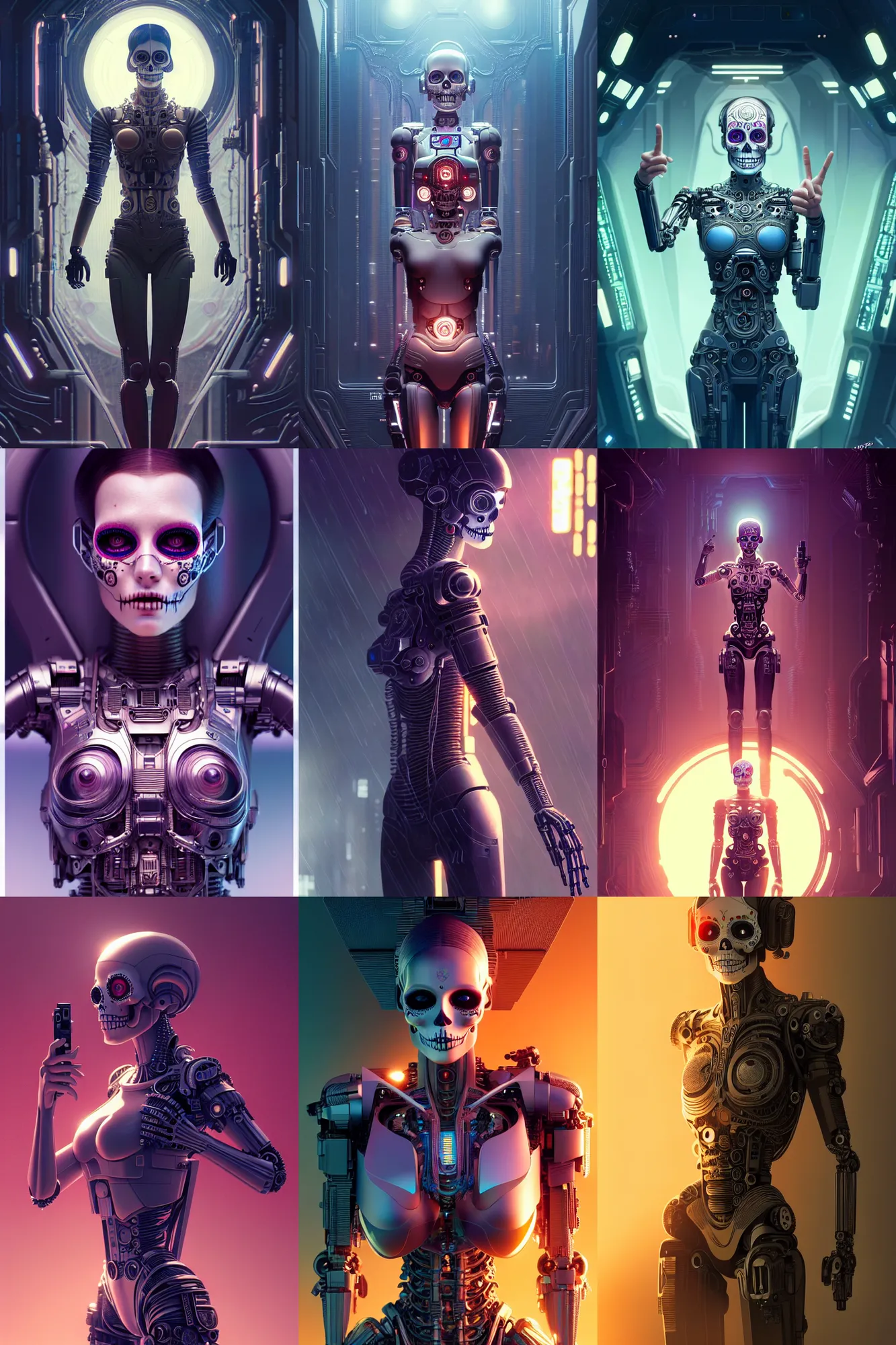 Prompt: beautiful female android! showing peace sign, ( mechanical ), intricate detailed environment, global illumination, cinematic, ( el dia los muertos ), smooth, blade runner, photorealism, hd, 8 k, beautiful, cinematic, art by moebius and rutkowski and artgerm and mucha and loish and wlop