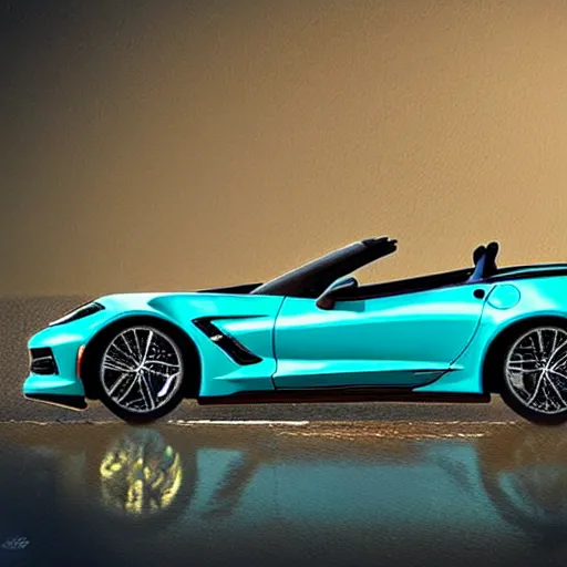 Image similar to a small dark luminous turquoise color liquid water sculpture is hybrid of a corvette convertible, viscous, reflective, monochromatic, digital art