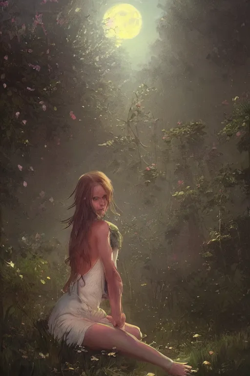 Image similar to a beautiful painting of garden, moon, girl, by greg rutkowski, trending on artstation