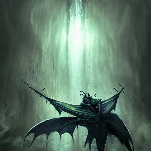 Prompt: A flying fire Manta Ray Souls Boss. incredible concept artwork. Dark souls boss, dark souls style, Miyazaki style of design. By Caspar David Friedrich