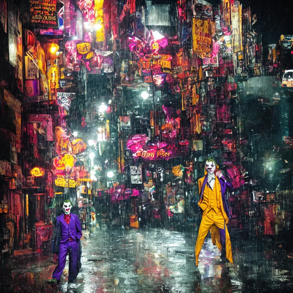 Image similar to night flash portrait photography of the joker on the lower east side by annie leibovitz, colorful!!, nighttime!, raining!