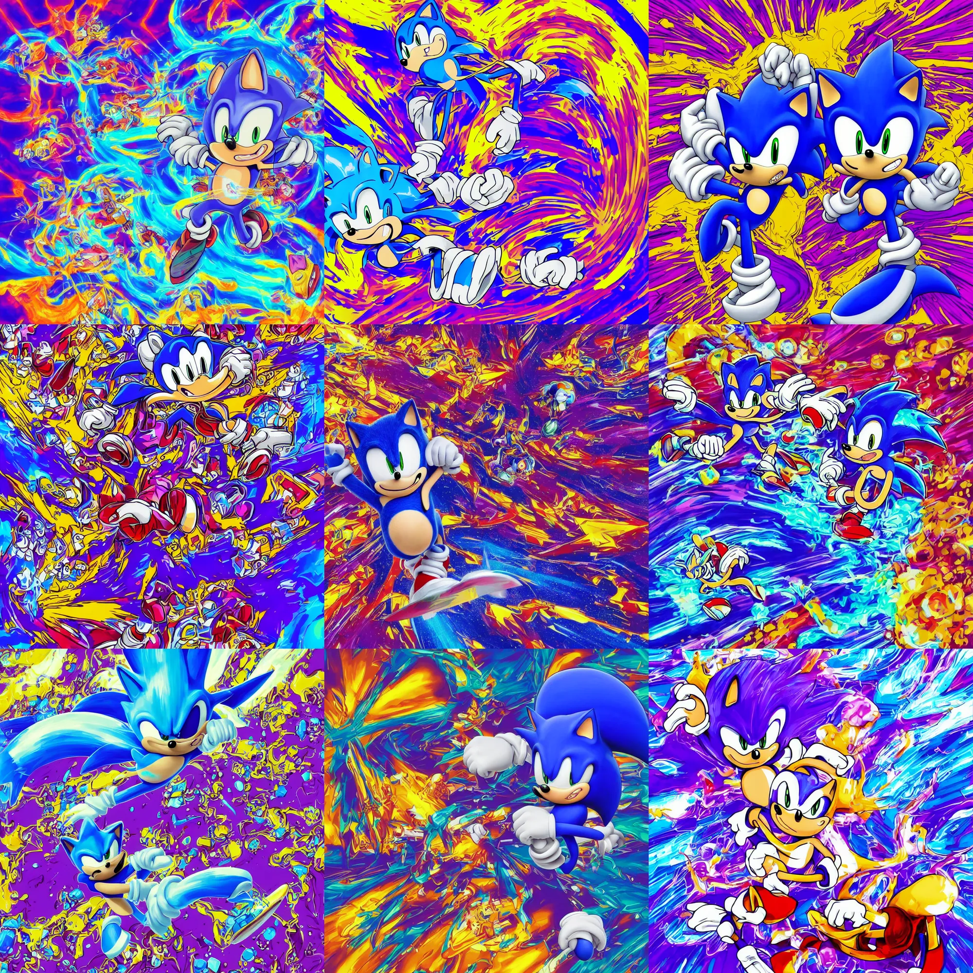 Prompt: sonic the hedgehog in a retro, surreal, faded, sharp, detailed professional, high quality sonic portrait airbrush art portrait of a liquid dissolving lsd dmt sonic the hedgehog surfing through cyberspace, purple checkerboard background, arcade poster