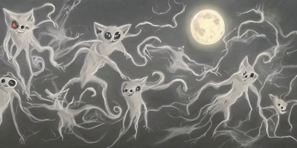 Image similar to painting of ghostly creatures prowling through the full moon night