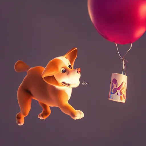 Image similar to puppy flying holding balloons, 8k, fantasy, cinematic lighting, highly detailed, digital painting, artstation, smooth, sharp focus, illustration, by Pixar