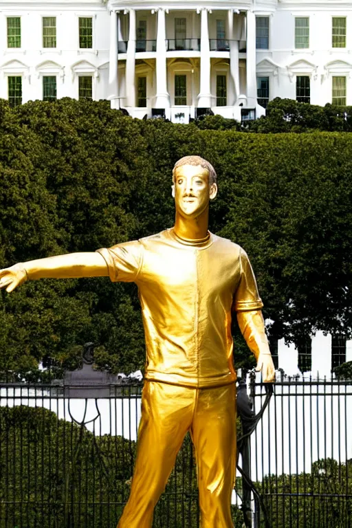 Image similar to A beautiful gold statue of Mark Zuckerberg in front of the White House, photo by Steve McCurry, heroic pose, detailed, smooth, smiling, professional photographer