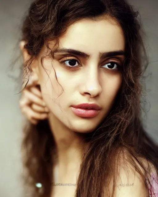 Image similar to a highly realistic, true to life portrait of a beautiful young middle eastern girl, soft focus, from the waist up, with sharp features, a beautiful face, soft smile, under studio lighting, taken with a canon eos camera with 1 3 5 mm focal length by karol bak, james jean, tom bagshaw, rococo, sharp focus, trending on artstation,