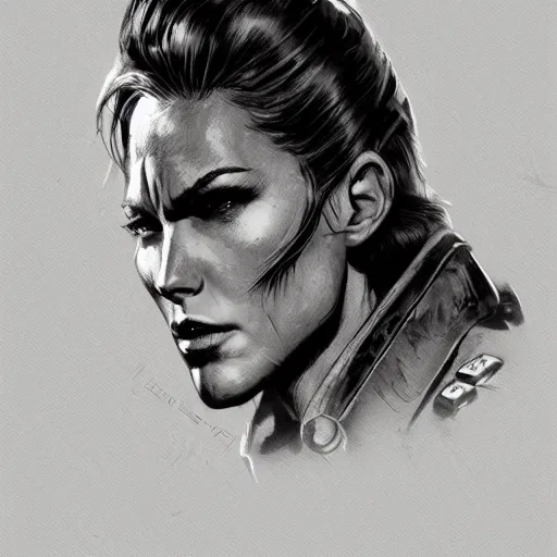 Image similar to fallout 5, concept art brunette rugged authoritarian female enclave officer portrait, concept art, comicstyle, atmospheric lighting, painted, intricate, volumetric lighting, beautiful, rich deep colors masterpiece, sharp focus, ultra detailed by jack kirby, ignacio fernandez rios, thierry doizon