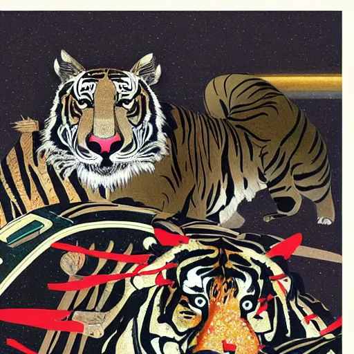 Image similar to a delorean protecting a tiger, japanese magazine collage, art by hsiao - ron cheng and utagawa kunisada