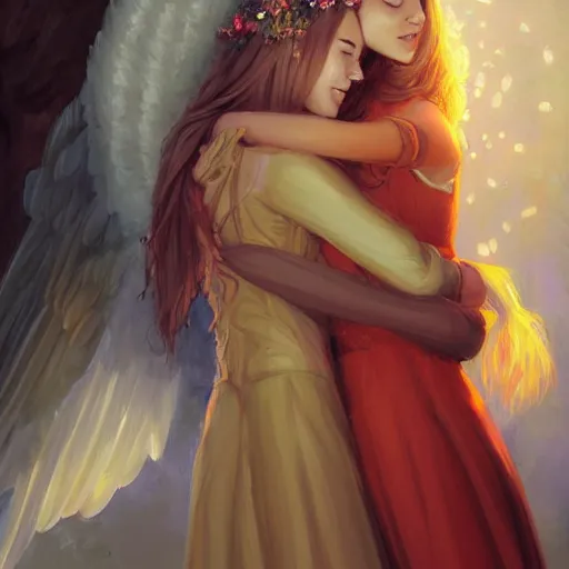 Prompt: a painting two young women in their twenties hugging, they are both beautiful with long blond hair, one of the girls has a halo above her head and angel wings, highly detailed, digital art, andreas rocha
