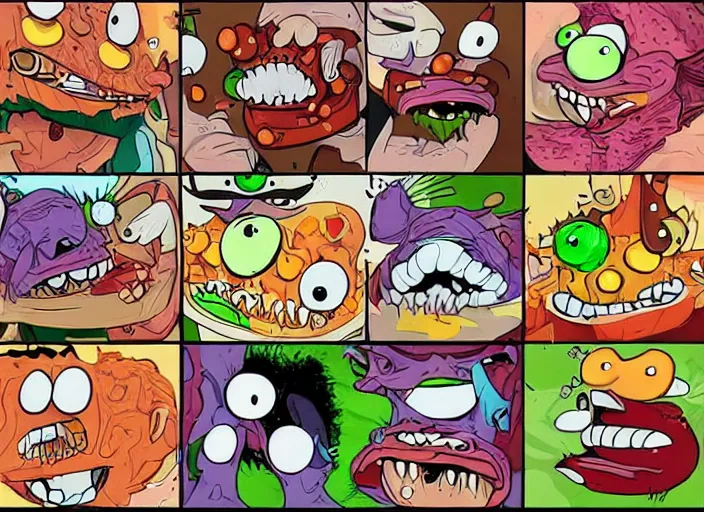 Prompt: aaahh!!! real monsters messy food fight, detailed facial expressions