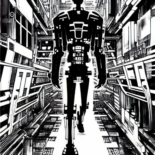 Image similar to sad biological android, through a huge cybernetic megastructure multi - level metropolis in space, black and white, by nihei tsutomu