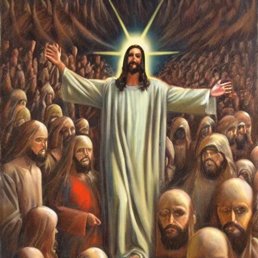 Prompt: Jesus Christ second coming with army of robotic angels, oil painting, moody, christian horror