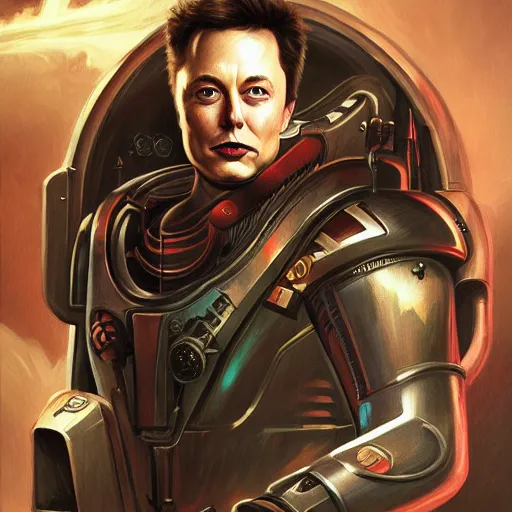 Prompt: portrait of elon musk as warhammer 4 0 k, highly detailed, digital painting, artstation, concept art, wallpaper, smooth, sharp focus, illustration, art by giger and artgerm and greg rutkowski and alphonse mucha