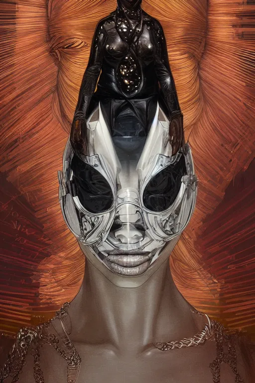 Image similar to ultra realistic illustration, black woman, yeezus margiela mask, hacknaut cyberpunk, sci - fi, fantasy, intricate, elegant, highly detailed, digital painting, artstation, concept art, smooth, sharp focus, illustration, art by artgerm and greg rutkowski and alphonse mucha